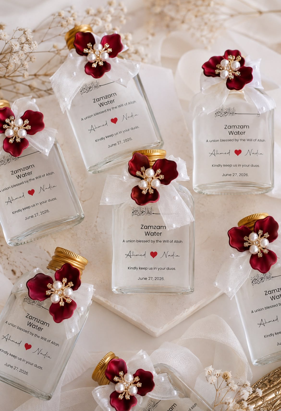 Fiole d’eau de Zamzam personnalisée pour mariage musulman
