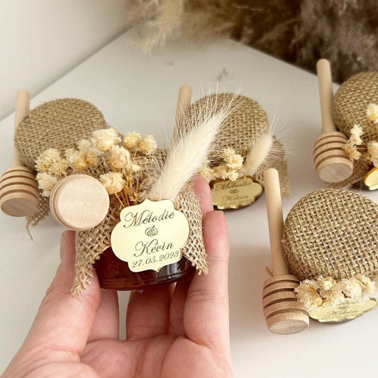 Pot de Miel Luxe avec fleurs séchées et gravure en plexiglas dorée arabesque