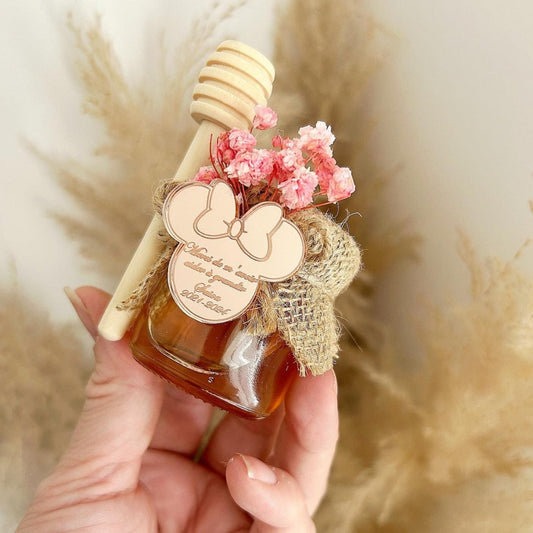 Pot de Miel Mimi avec fleurs séchées et gravure plexiglas rose doré inspirée de Disney