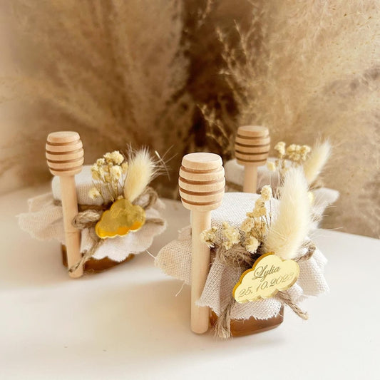 Pot de Miel Nuage avec décoration de fleurs séchées et gravure nuage en plexiglas dorée