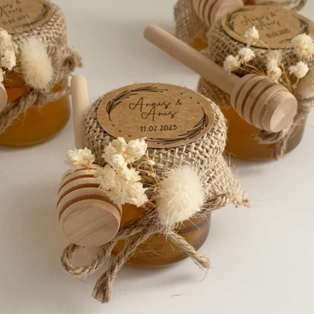 Pot de Miel Prairie avec fleurs séchées, corde en jute et étiquette kraft