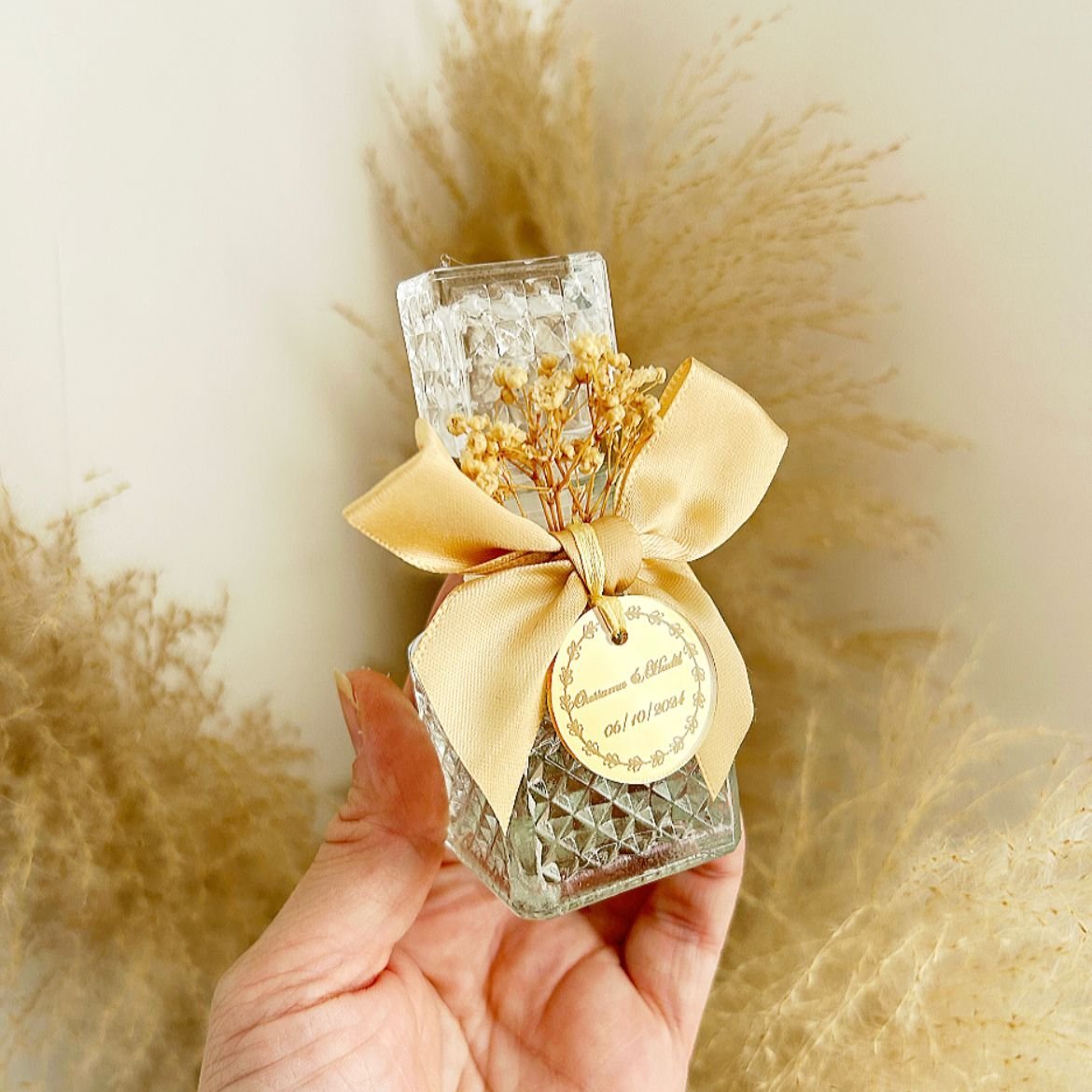 Fiole Cologne Luxe avec fleurs séchées et ruban doré - Cadeau invité mariage ou anniversaire