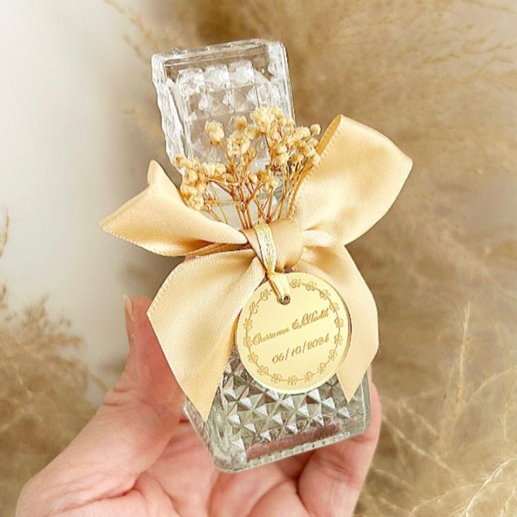 Fiole Cologne Luxe avec fleurs séchées et ruban doré - Cadeau invité mariage ou anniversaire